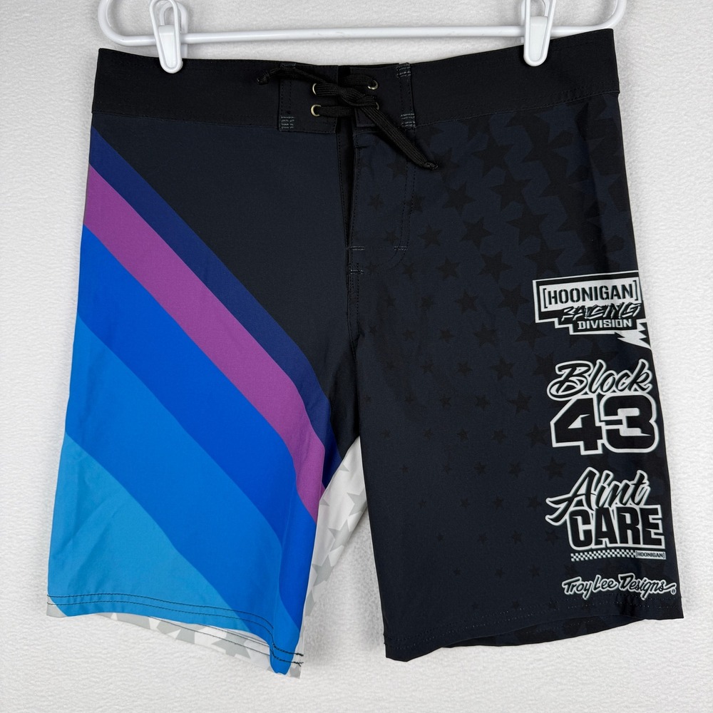 Hoonigan Board Shorts Mens 30 Black Blue Racing Division Ken Block 43 Troy Lee